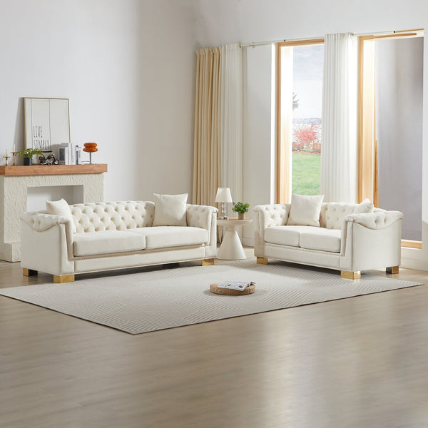 English Elm 3-seater and 2-seater Chesterfield Velvet Sofa Set with Tufted Back Gold Stud Trim Beige W1926S00102