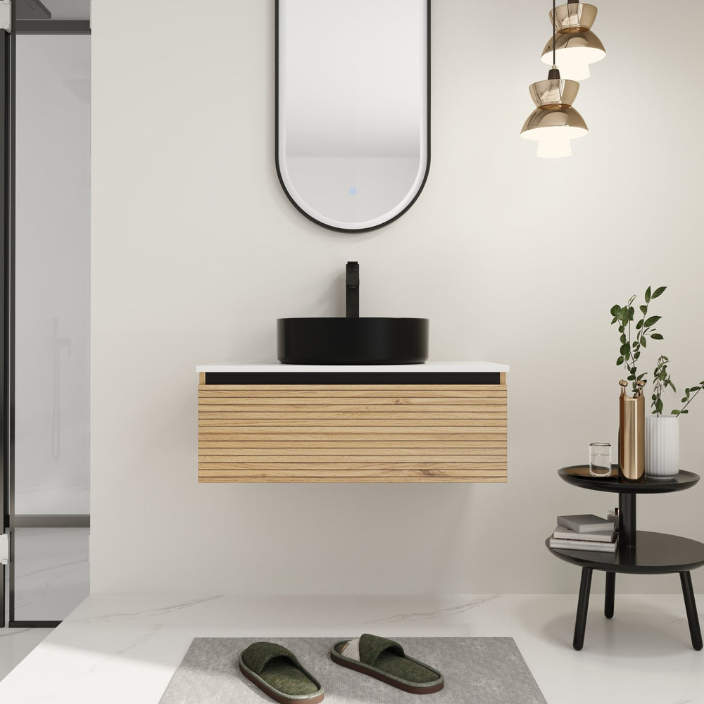 English Elm 30'' Floating Wall Mounted Vanity Hand Painted Ceramic Vessel Sink Soft Close Drawer W999S00360