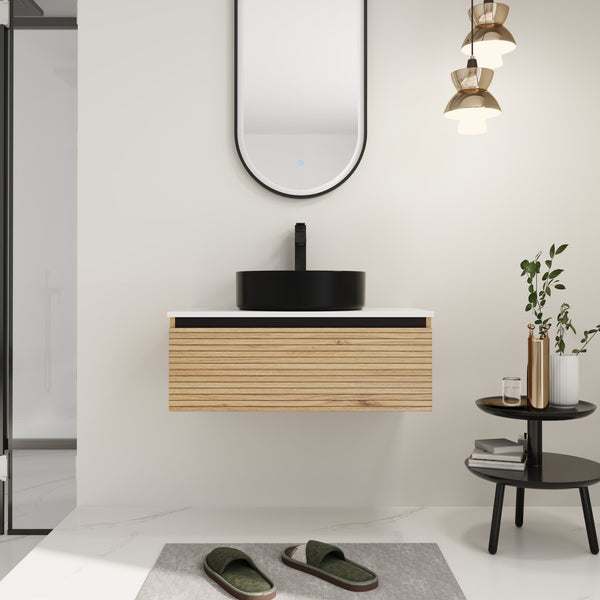 English Elm 30'' Floating Wall Mounted Vanity Hand Painted Ceramic Vessel Sink Soft Close Drawer W999S00360