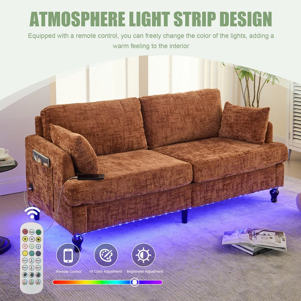 English Elm Modern chenille 2-seater sofa with LED lighting, USB charging, storage pocket, sturdy wood legs Orange W395P318543