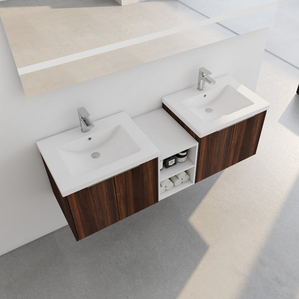English Elm 60 Inch Wall Mounted Vanity with Dual Resin Sinks, Soft Close Doors, Metal Handles & Shelves Durable Finish California Walnut W999S00187