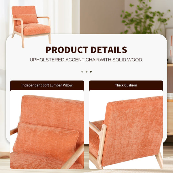 English Elm Mid Century Modern Accent Chair Rubberwood Frame with Lumbar Pillow for Living Room W2989P426392
