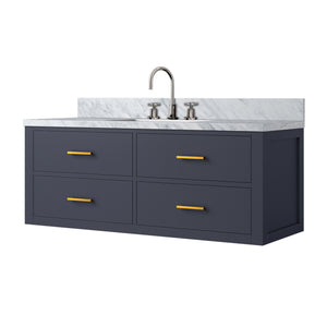 English Elm Blue Elegant Single Bath Vanity With Carrara Marble Top, Chrome Faucet Set & Soft-Close Features B2731P258007