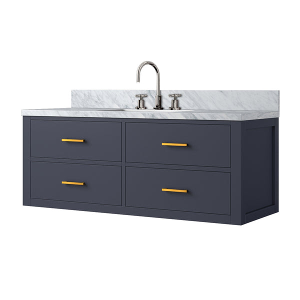 English Elm Blue Elegant Single Bath Vanity With Carrara Marble Top, Chrome Faucet Set & Soft-Close Features B2731P258007