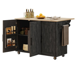 English Elm K&K Farmhouse Kitchen Island with Geometric Twill Doors, ASH Bark Top, Drop Leaf & Lockable Wheels Black N707P221444B