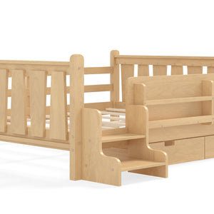English Elm Queen Bunk Bed with Trundle Solid Pine Kids Car Themed Frame Built-in Bookshelf Light Natural W1580S00544