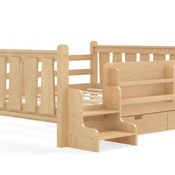 English Elm Queen Bunk Bed with Trundle Solid Pine Kids Car Themed Frame Built-in Bookshelf Light Natural W1580S00544