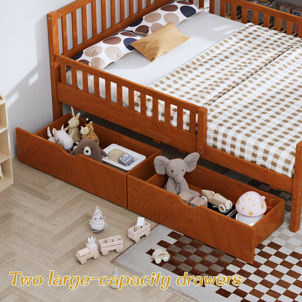 English Elm Twin Pinewood Platform Bed with Headboard, Guardrails & Two Underbed Drawers for Storage Walnut 70.6 L x 17.1 W x 5.9 H N733P172696D