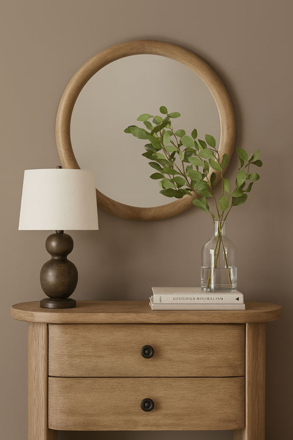 English Elm English Knotty Oak Round Wall Mirror with Natural Grain Detail for Entryway or Bedroom B2699P437955
