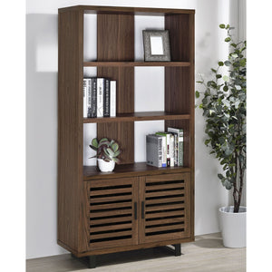 English Elm Rodger Walnut 3-Shelf Cabinet Bookcase with Slatted Doors, Open Back Accent Storage for Home Office_x000D_ B062P378335