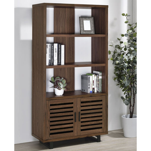 English Elm Rodger Walnut 3-Shelf Cabinet Bookcase with Slatted Doors, Open Back Accent Storage for Home Office_x000D_ B062P378335