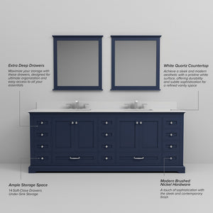 English Elm Navy Double Bath Vanity 84" W x 22" D with White Quartz Top, Chrome Faucets, 34" Mirrors, Durable Finish B2731S01042