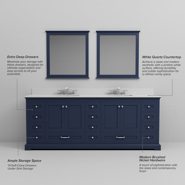 English Elm Navy Double Bath Vanity 84" W x 22" D with White Quartz Top, Chrome Faucets, 34" Mirrors, Durable Finish B2731S01042