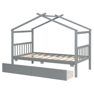 English Elm Twin House Bed Solid Pine Kids Cottage Frame with Storage Drawers Imaginative Room Gray N708P309245E