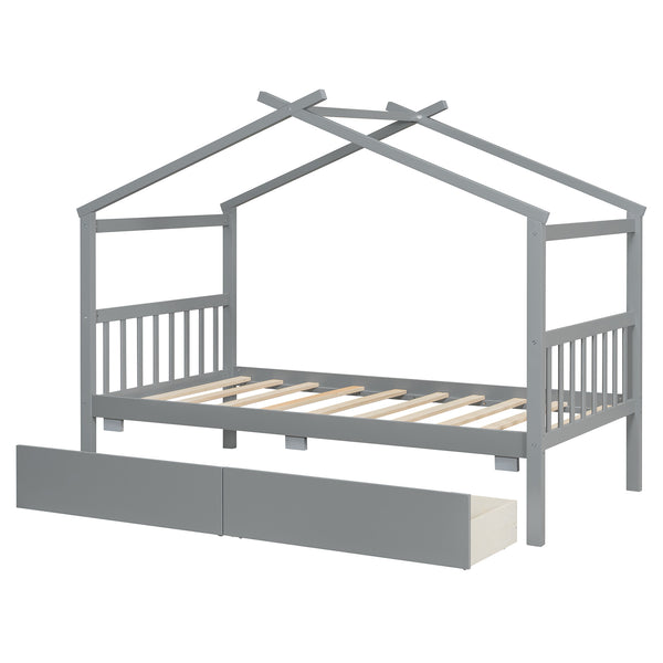 English Elm Twin House Bed Solid Pine Kids Cottage Frame with Storage Drawers Imaginative Room Gray N708P309245E