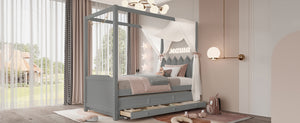 English Elm Full Bunk Bed with Trundle Bookshelf Storage Pine Frame Car Design for Kids W1580S00316