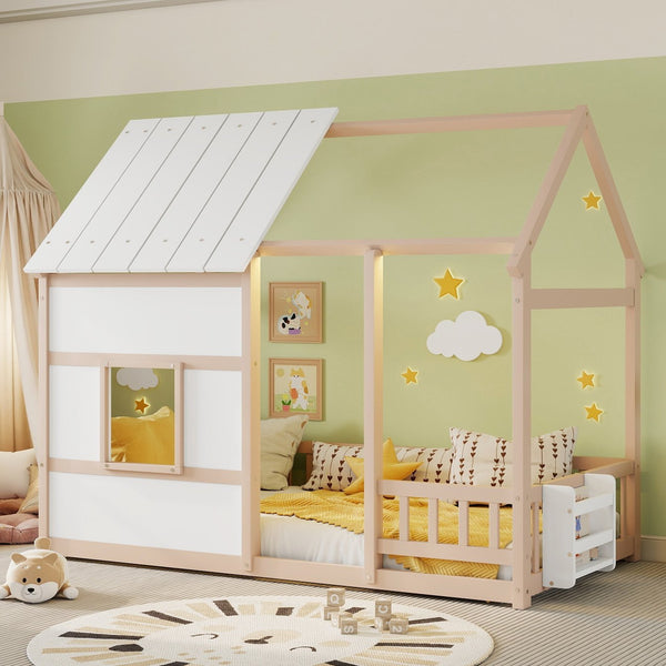 English Elm Twin House Frame Floor Bed Pinewood Build with Led Roofline Kids Bedroom Cream,White W697P435884