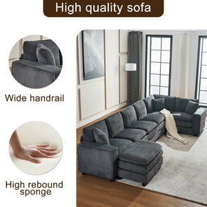 English Elm Modern U Shaped 6-Seat Sectional Sofa with Ottoman and 3 Toss Pillows, Corduroy Modular Comfort and Durable Frame Grey W2363S00041