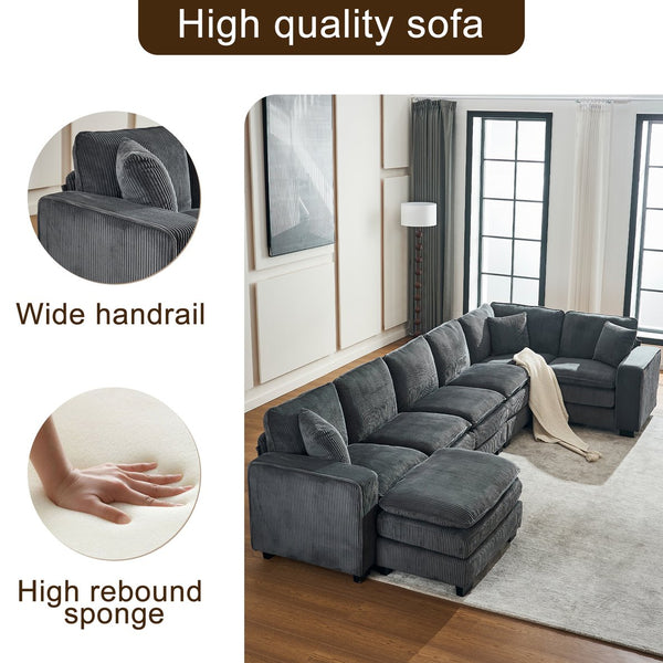 English Elm Modern U Shaped 6-Seat Sectional Sofa with Ottoman and 3 Toss Pillows, Corduroy Modular Comfort and Durable Frame Grey W2363S00041