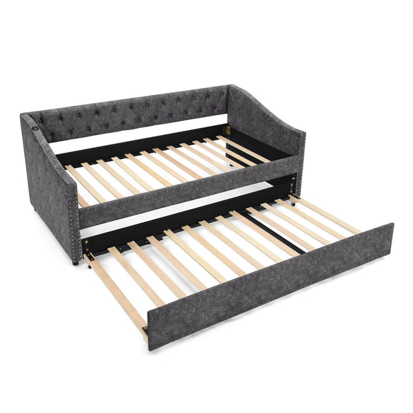 English Elm Twin Daybed with Pull Out Trundle Usb Charging Tufted Upholstered Sofa Guest Bed Grey W1413S00157