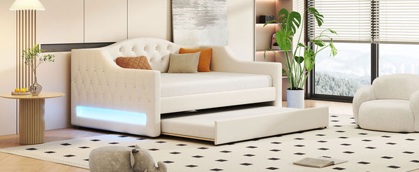 English Elm Upholstered Full XL Daybed with LED Belt and Trundle, Linen Backrest, Modern Silhouette, 450lb Capacity Beige DL002059AAA