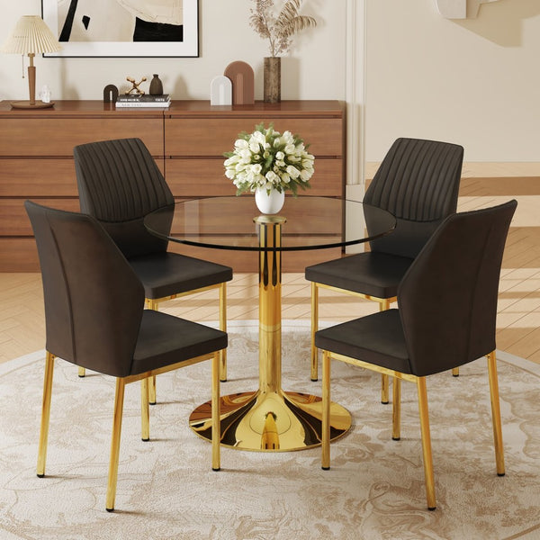 English Elm Table 35" Transparent Round Glass Dining Set With Gold Metal Base & 4 Black Pu High-Resilience Chairs W1151S03702-GIGA