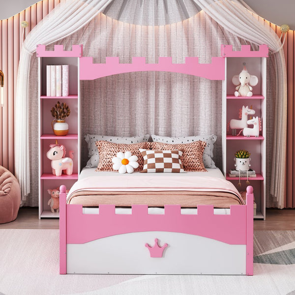 English Elm Castle-Shaped Twin Bed with Crown Footboard and Built-In Shelves, Sturdy MDF/Pine Frame for Kids White+Pink 82 L x 14.25 W x 6.75 H N733S177379K