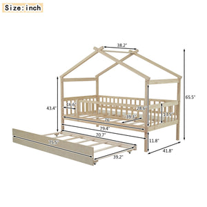 English Elm Twin House Bed Pinewood Frame with Roofline Design and Pull Out Trundle for Kids Natural WF302178AAN