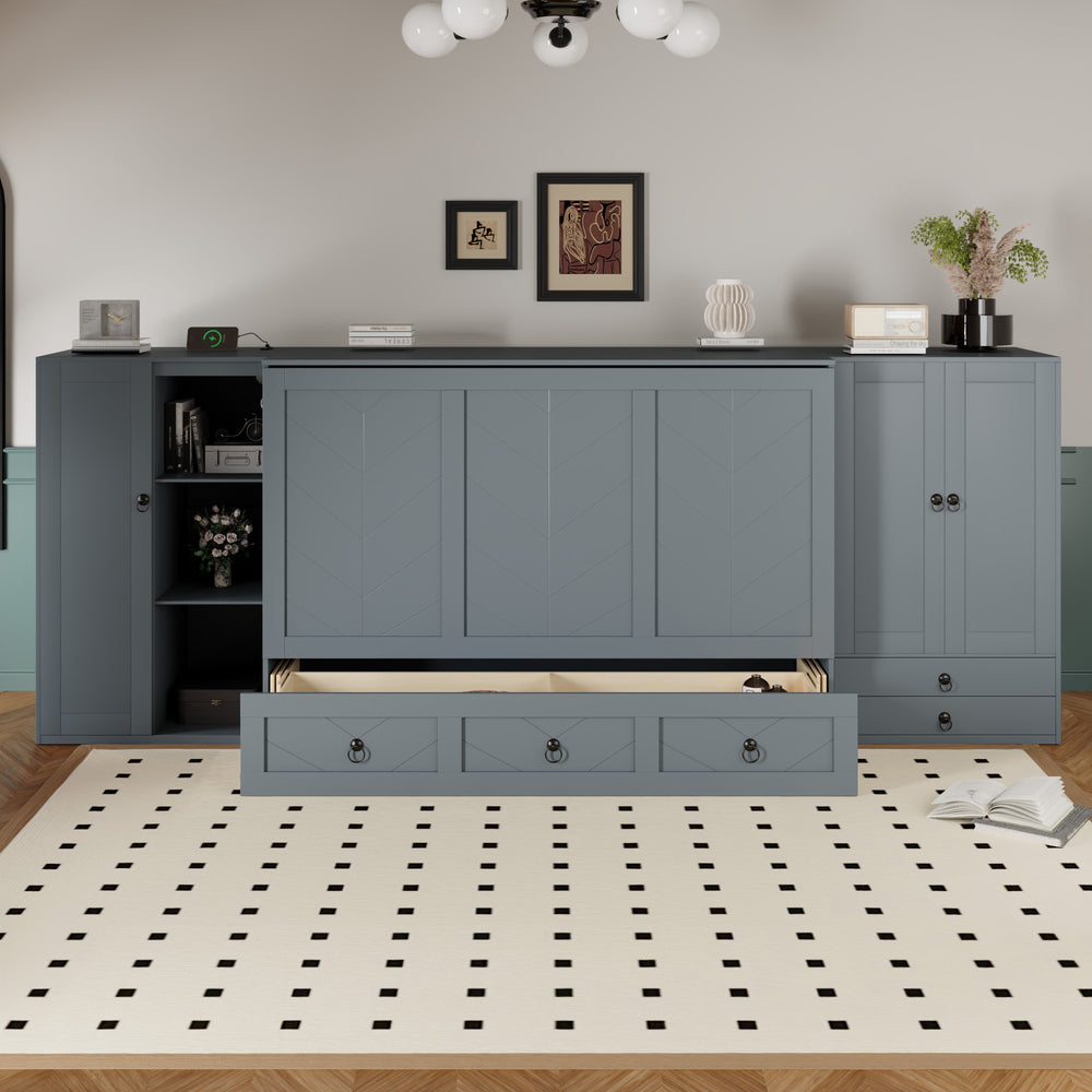 English Elm Queen Murphy Bed with Wardrobe Cabinets Built-in Usb Charging and Concealed Drawers Gray LP000590AAE