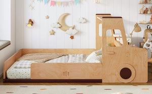 English Elm Full Size Car Shaped Kids Platform Bed with Storage Drawers Integrated Desk Pine Wood Natural W1580S00489