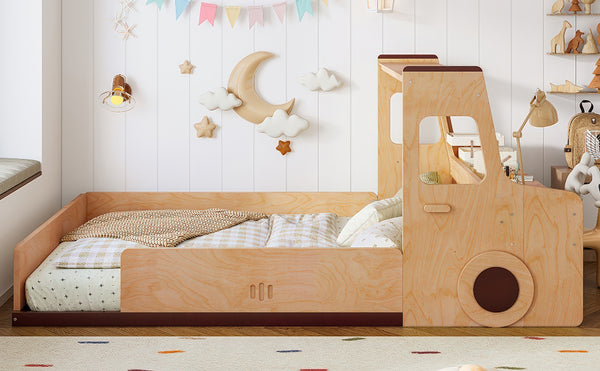 English Elm Full Size Car Shaped Kids Platform Bed with Storage Drawers Integrated Desk Pine Wood Natural W1580S00489