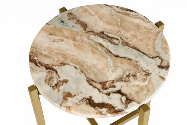 English Elm Marble Side Table With Golden Metal Frame - Chic 21-Inch Accent Table For Modern Living Spaces B346P320739