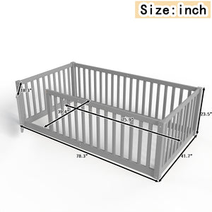 English Elm Twin Floor Bed Pine Wood Frame with Guardrails and Door for Safe Toddler Sleep Gray W1580P418051