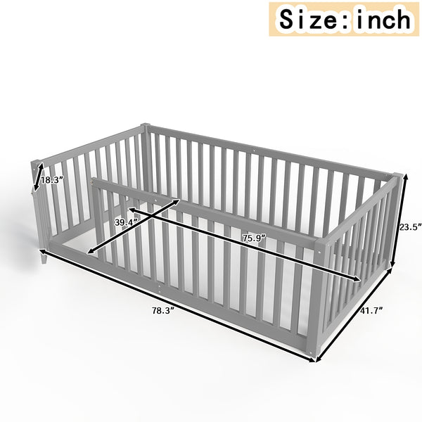 English Elm Twin Floor Bed Pine Wood Frame with Guardrails and Door for Safe Toddler Sleep Gray W1580P418051