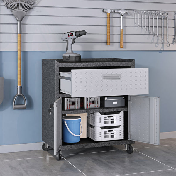 English Elm Rolling Metal Garage Cabinet with Locking Doors Diamond Texture Industrial Storage Dark Grey B365P398218