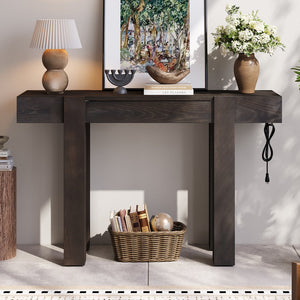 English Elm Trexm Ash Veneer Entryway Console Table Built in Power Outlet Drawer Rubberwood Espresso N715P361518P