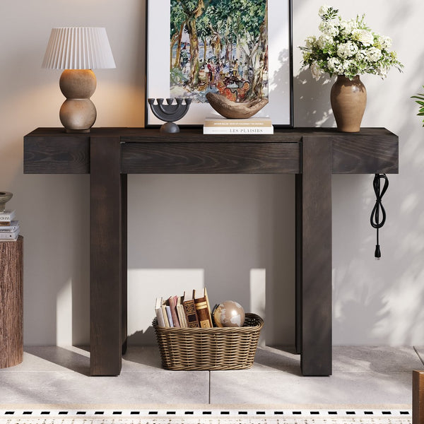 English Elm Trexm Ash Veneer Entryway Console Table Built in Power Outlet Drawer Rubberwood Espresso N715P361518P