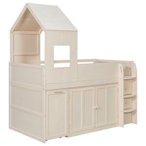 English Elm Twin House Loft Bed with Pull Out Rolling Desk Stair Drawers and Cabinet Storage Beige N820S00072A