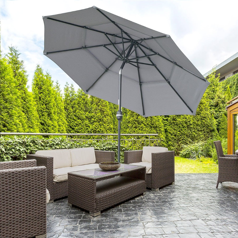 English Elm Outsunny 9Ft 3-Tier Patio Umbrella - Adjustable Crank & Tilt For Perfect Shade On Decks & Patios W2225P200445-GIGA