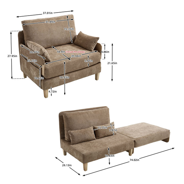 English Elm Foldable sofa bed recliner with three pillows, 3-in-1 convertible sleeper for small spaces, mid-century modern comfort Light Brown W395P290557