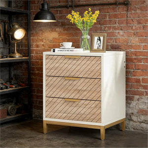 English Elm Versatile 3 Drawer Nightstand with Gold Legs Light Wood Grain Finish Bedroom End Table T3971P448530