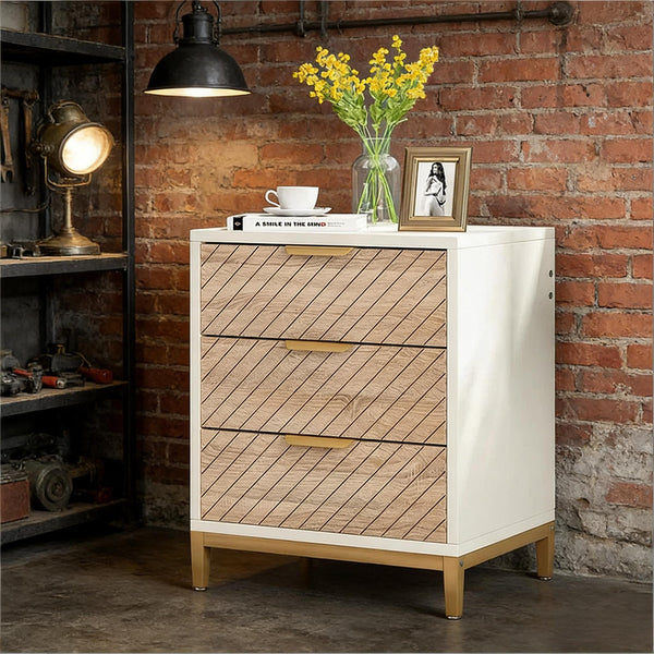 English Elm Versatile 3 Drawer Nightstand with Gold Legs Light Wood Grain Finish Bedroom End Table T3971P448530