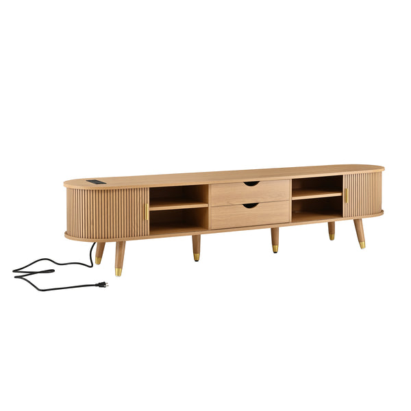 English Elm Wooden Fluted Tambour Media Console Mid Century Modern Tv Stand with Built in Charging Natural N721P428444L