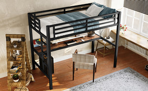 English Elm Metal Twin Loft Bed With Integrated Desk, Power Outlet, Led Lights - Space-Saving Design In Black W1580P372863