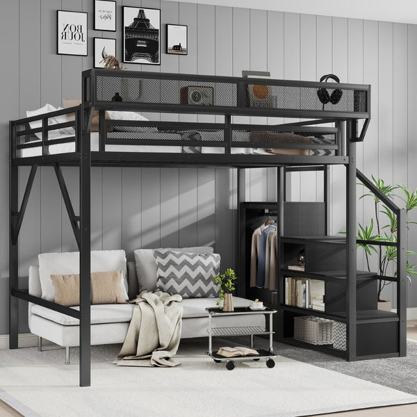English Elm Queen Size Loft Bed With Integrated Storage, Metal Frame, Stylish Design For Kids, Teens, Adults W2580S00038-GIGA