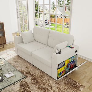 English Elm Sofas for Living Room Chenille Three Seat Couch with Usb Charging Storage and Cup Holder Beige W395S00142