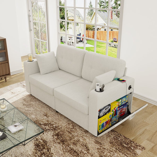 English Elm Sofas for Living Room Chenille Three Seat Couch with Usb Charging Storage and Cup Holder Beige W395S00142