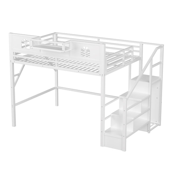 English Elm Metal Queen Loft Bed with L Shaped Desk Wardrobe Led Lighting and Usb for Teens White W2593S00057