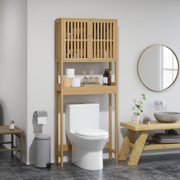 English Elm HOMCOM Bamboo Floor Cabinet Bathroom Organizer Tower with Shelved Storage, Slatted Doors & Elevated Base Natural Wood W2225P217003