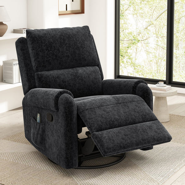 English Elm Manual Recliner Swivel Rocker Massage Chair Chenille Nursery and Living Room Seat Black N763P347287B